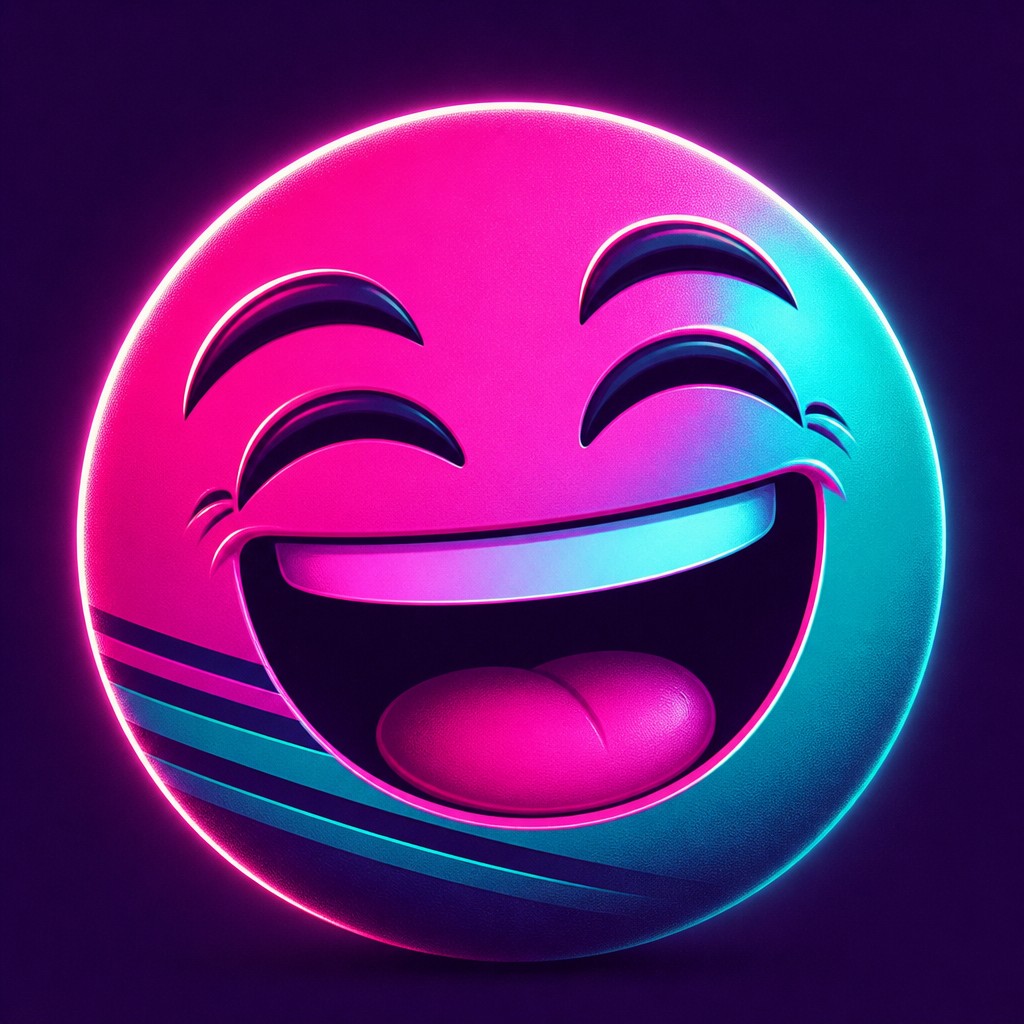 an exaggerated laughing face of an original round mascot character, bold and readable at small size, plain background, no text