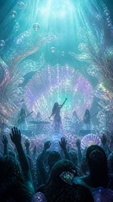 a live music scene with a glowing stage and silhouetted crowd, energetic vertical composition with open space at the top, no text