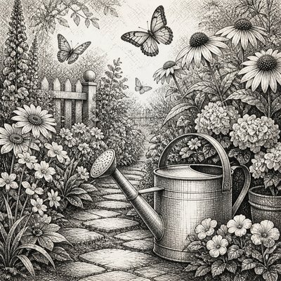 a garden scene with butterflies, flowers and a watering can, clean uncolored line art, no text