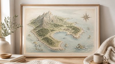 a map of an island realm with mountains, forests, a sheltered bay, sea monsters in the water and a compass rose, no text labels