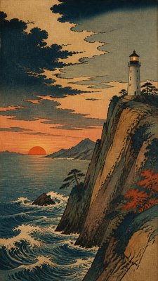 a lone lighthouse on a cliff at dusk under a dramatic sky, no text or lettering