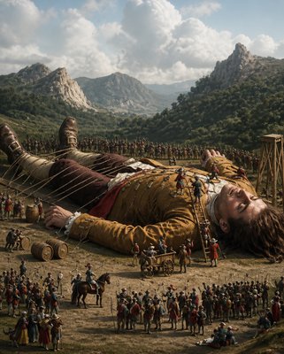 a painting of a man laying on the ground in front of a crowd of people