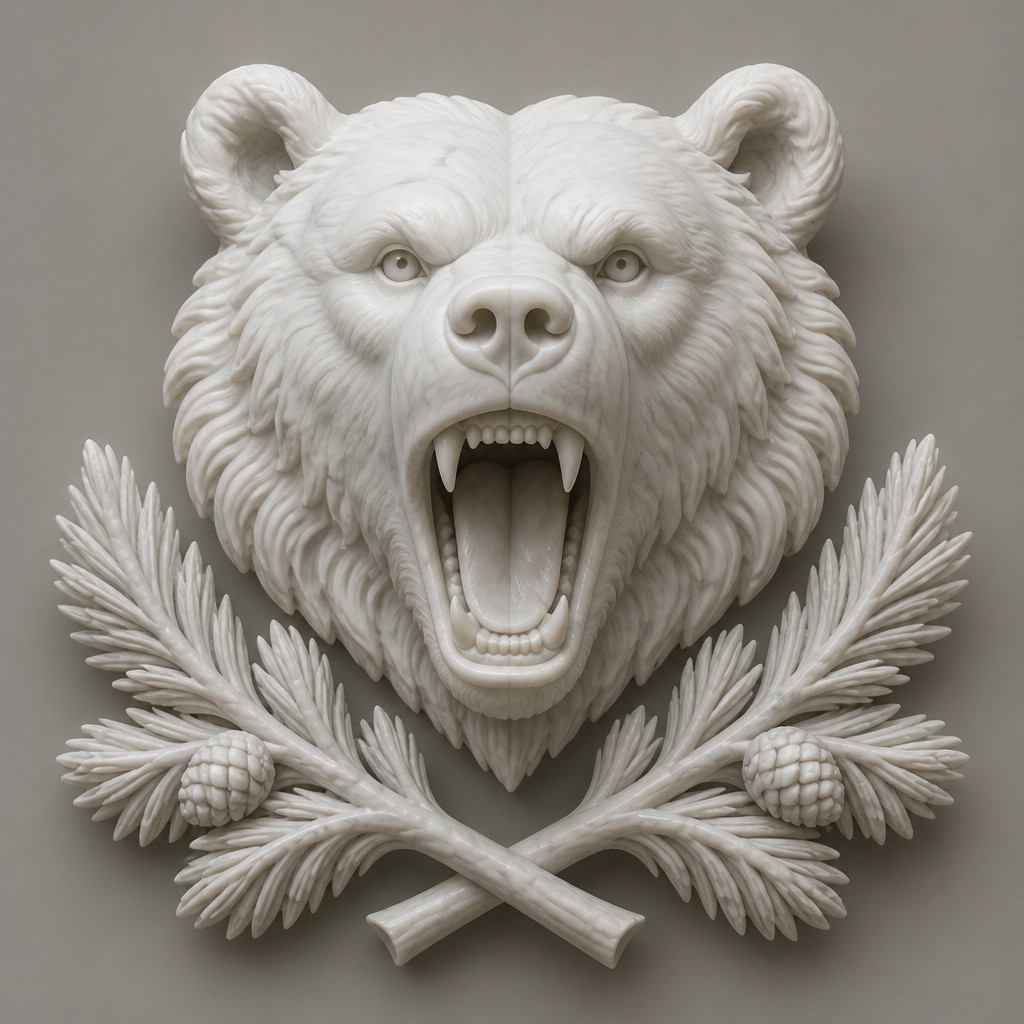 a roaring bear head above crossed pine branches, bold graphic composition on a plain background, no text