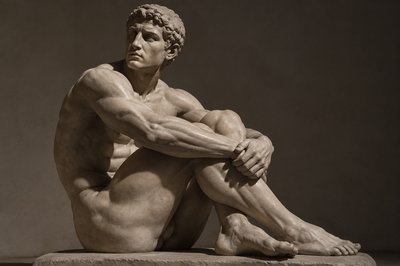 ancient greek ignudi athlete sitting on the ground with his hands around his knees