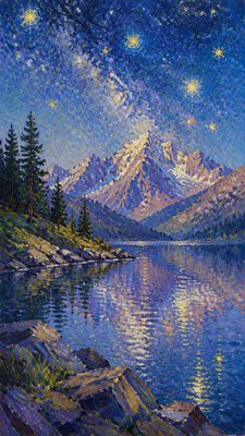 a tranquil mountain lake beneath a starry night sky, no people, no text