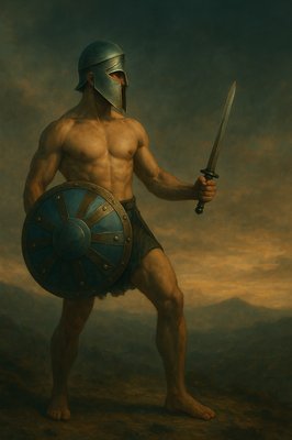 a painting of a roman warrior holding a sword and shield