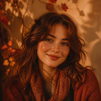 head-and-shoulders portrait of an original character: a young woman with wavy chestnut hair and a warm smile, plain soft backdrop