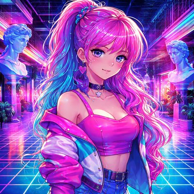 Vaporwave portrait of a retro anime girl with glitch effects, surrounded by floating busts and neon grids, cyan and magenta palette, surreal 80s mall aesthetic