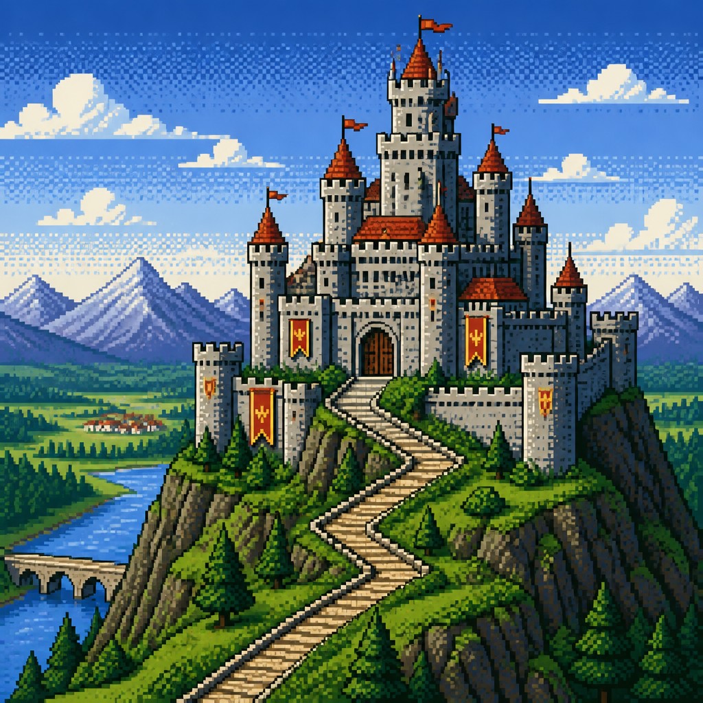 a grand castle with towers on a hilltop