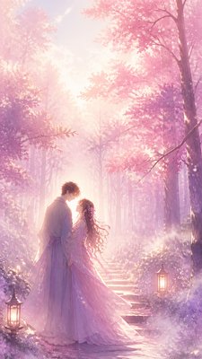 a mysterious forest path with fireflies and drifting mist, atmospheric vertical composition with open space at the top, no text