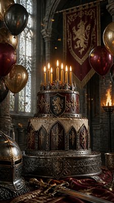 a birthday cake with lit candles surrounded by balloons and confetti, festive vertical composition, no text
