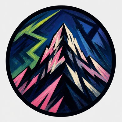 an emblem of a mountain peak inside a circle, simple bold shapes on a plain background, no text or lettering