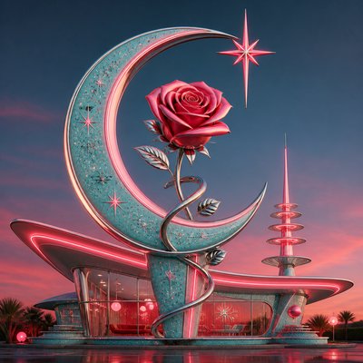 a rose entwined with a crescent moon, clean balanced composition on a plain background, no text