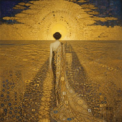 a solitary figure walking toward a glowing horizon across an empty plain, moody atmosphere, no text or lettering