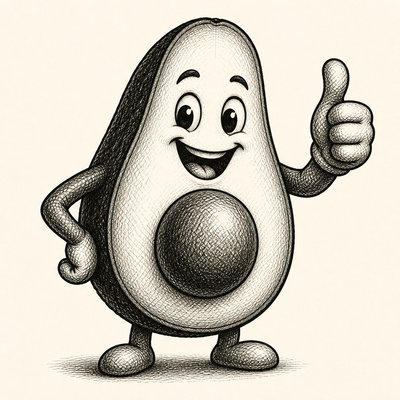 a happy avocado character giving a thumbs up, bold readable design on a plain background, no text