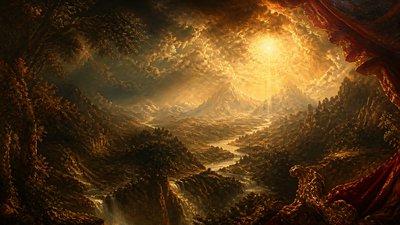 a vast valley with a river winding toward distant mountains at sunrise, no people, no text