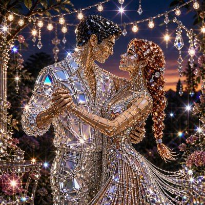 an original couple dancing under string lights in a garden at dusk: a man with short black hair in a linen shirt and a woman with braided red hair in a summer dress