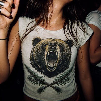 a roaring bear head above crossed pine branches, bold graphic composition on a plain background, no text