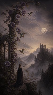 a climbing vine of flowers and hummingbirds on a dark background, tall wrapping composition, no text