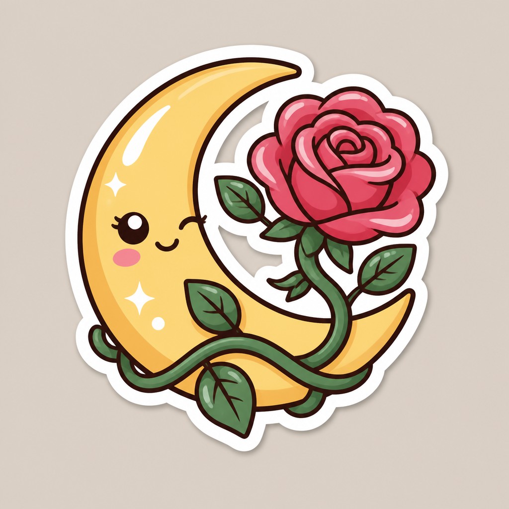 a rose entwined with a crescent moon, clean balanced composition on a plain background, no text