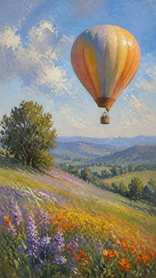 a hot air balloon drifting over rolling flower fields on a sunny day, cheerful, no text