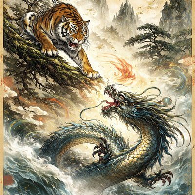 A dynamic, stylized fantasy ink wash painting on aged scroll paper, with splashes of muted watercolor. A powerful, muscular tiger, rendered with bold black ink strokes and orange washes, is crouched low on a mossy, ancient tree branch, eyes focused. Below it, a coiled, serpentine dragon with scales in swirling blues and greens, partially partially hidden by swirling mist, is launching upwards, its claws extended. Both creatures are in mid-air martial arts poses, with stylized energy lines and brushstrokes of wind clashing between them. The background is a blurred, traditional Chinese landscape of towering peaks and pine trees."
