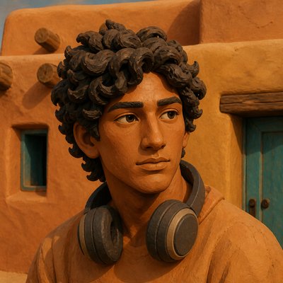 head-and-shoulders portrait of an original character: a young man with curly dark hair and headphones around his neck, plain backdrop, no text