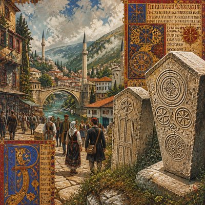 urban street with city activity — Bosnian Art Style