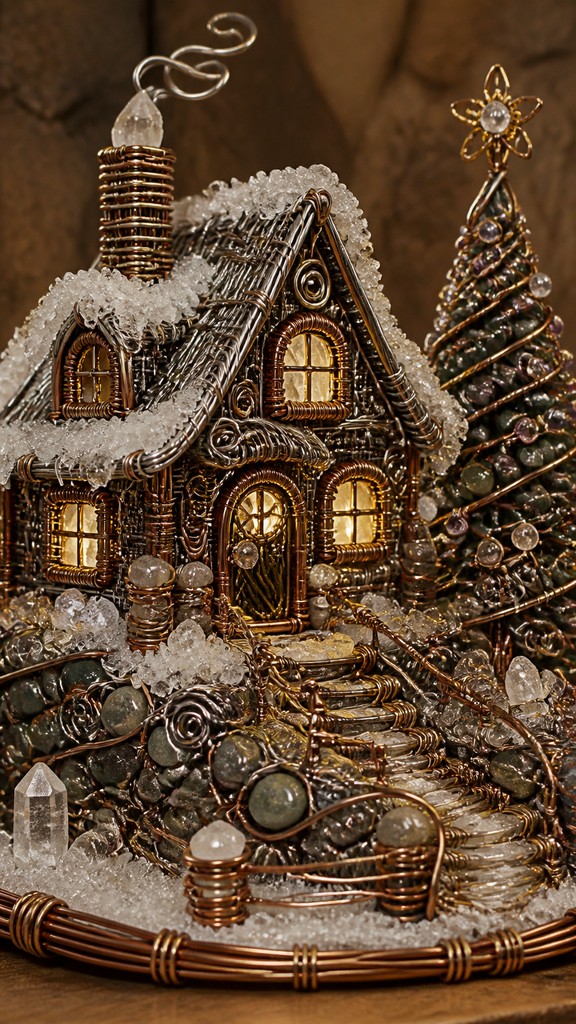 a snow-covered cottage with warm glowing windows beside a decorated pine tree, gentle snowfall, no text