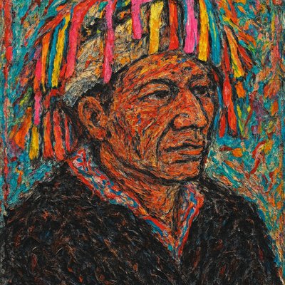 a drawing of a man wearing a colorful headdress