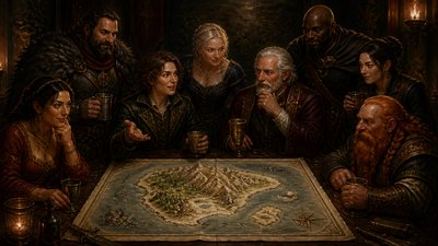 a map of an island realm with mountains, forests, a sheltered bay, sea monsters in the water and a compass rose, no text labels