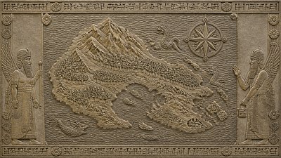 a map of an island realm with mountains, forests, a sheltered bay, sea monsters in the water and a compass rose, no text labels