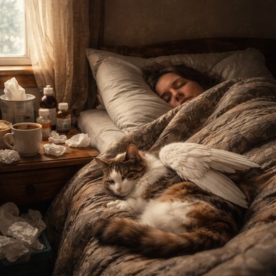 A candid, tender photograph of a person lying sick in a dimly lit, cozy bedroom, buried under a heavy quilt with only their pale face showing, eyes closed in sleep. Tissues and medicine bottles clutter a bedside table. Curled beside the person in bed is a fluffy calico cat that has a pair of feathered angel wings. The cat is asleep too. Soft, natural light streams from a window to the left. Film grain.