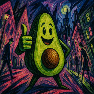 a happy avocado character giving a thumbs up, bold readable design on a plain background, no text