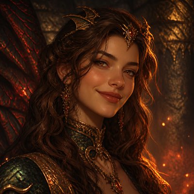 head-and-shoulders portrait of an original character: a young woman with wavy chestnut hair and a warm smile, plain soft backdrop