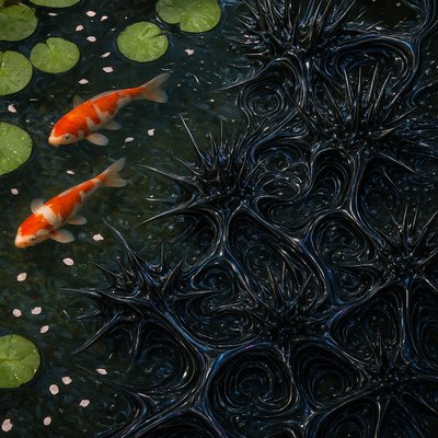 A koi pond seen from above, orange and white koi fish swimming among lily pads, clear water with subtle ripples, fallen cherry blossom petals floating on the surface, dappled sunlight