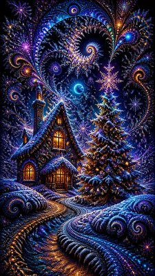 a snow-covered cottage with warm glowing windows beside a decorated pine tree, gentle snowfall, no text