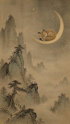 a sleeping baby fox curled on a crescent moon among soft stars, gentle and warm, no text