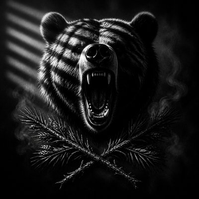 a roaring bear head above crossed pine branches, bold graphic composition on a plain background, no text
