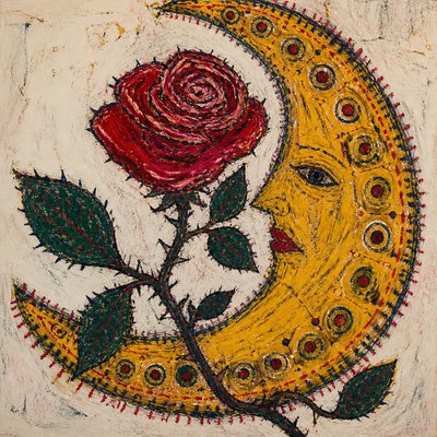 a rose entwined with a crescent moon, clean balanced composition on a plain background, no text