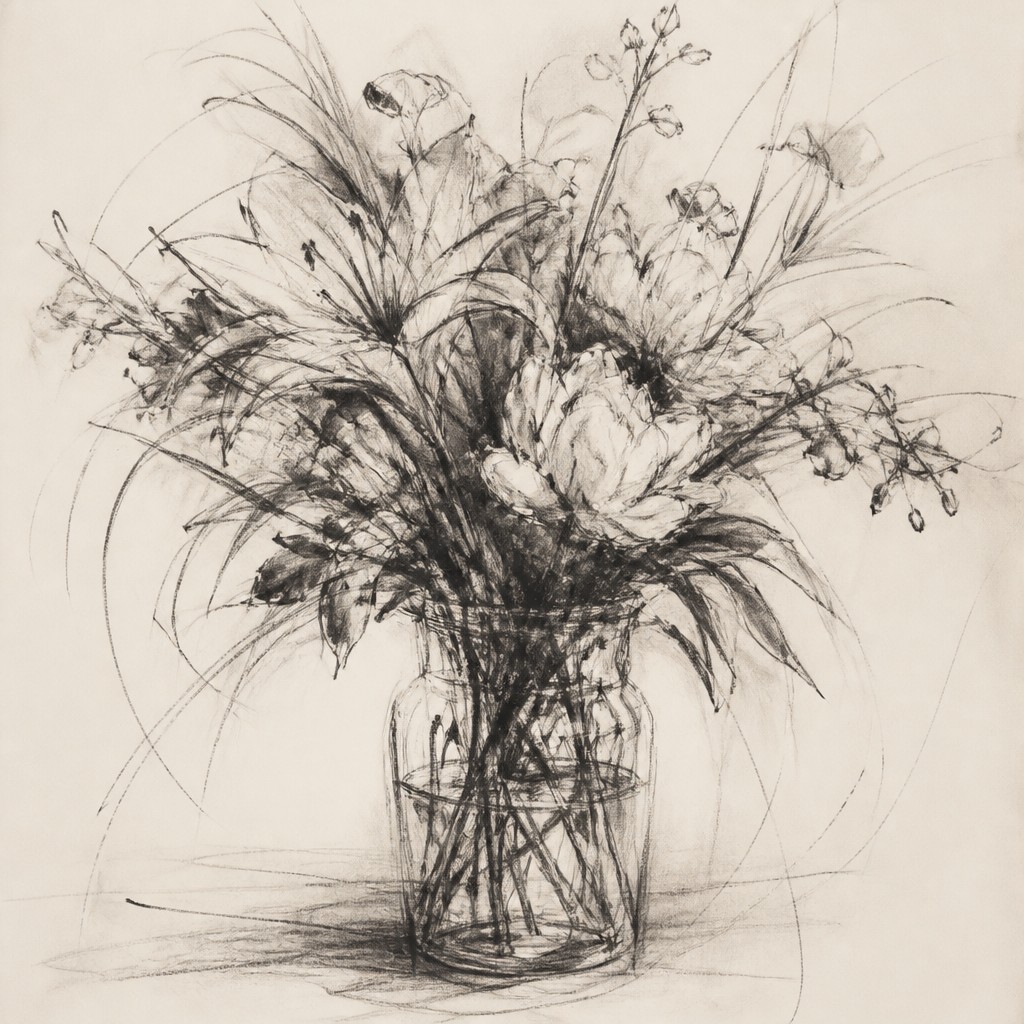 bouquet of flowers in a glass vase — Gesture Sketch Drawing Style