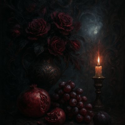 still life arrangement of fruits and flowers