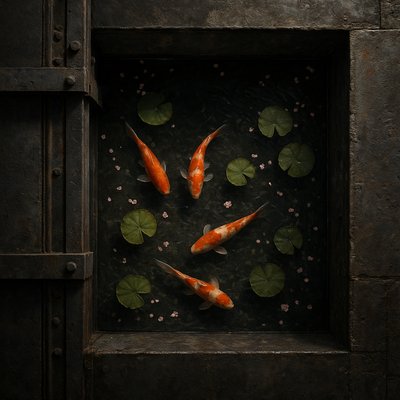 A koi pond seen from above, orange and white koi fish swimming among lily pads, clear water with subtle ripples, fallen cherry blossom petals floating on the surface, dappled sunlight