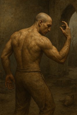 a painting of a man standing in a cave