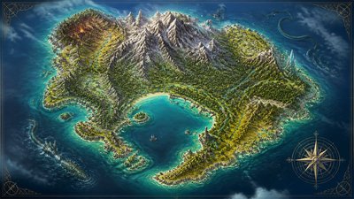 a map of an island realm with mountains, forests, a sheltered bay, sea monsters in the water and a compass rose, no text labels