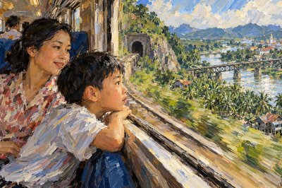 Wing-Soon and his mother ride the train together  to Penang, first through the city, and then out into the sprawling countryside dotted with rubber plantations and winding rivers that sparkled in the sunlight. Wing-Soon pressed his face against the window, watching small villages drift past like scenes from a storybook. There were long bridges and some tunnels that Wing-Soon thought were a bit scary, but the rhythmic clack of the train’s wheels made him think of steady, patient steps along the way to their destination. 