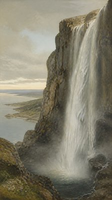 towering waterfall cascading down a cliff