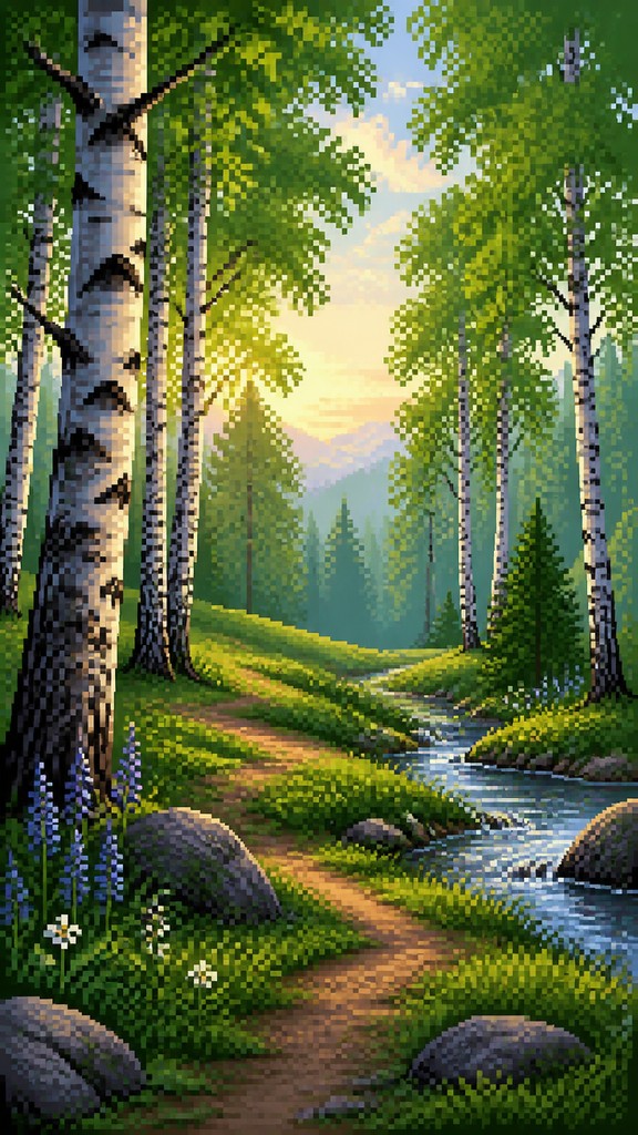 a serene birch forest in soft morning light, no people, no text