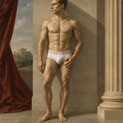 a painting of a man in underwear standing next to a pillar