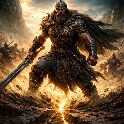 "A hyper-realistic, cinematic portrait of Zelek the Ammonite, one of King David’s elite 'Mighty Men.' He is a towering figure with a weathered, fierce expression, wearing ancient Near Eastern bronze-and-iron scale armor with heavy leather straps. He stands in a stance of immense power, holding a massive, jagged-edged broadsword or a heavy iron-headed spear. The background is a battlefield where he has literally 'broken' through the enemy line—visualized as a physical fissure or crack in the earth radiating from his feet (Baal-perazim style). The enemy 'host' is seen scattering and dissolving in his wake, depicted as shadowy figures falling back into a golden, dusty haze. Art Style: Gritty biblical realism blended with epic 2026 digital concept art; heavy emphasis on texture (hammered metal, scarred skin, desert sand), deep shadows, and high-contrast volumetric lighting. 8K resolution, wide-angle lens, masterpiece quality